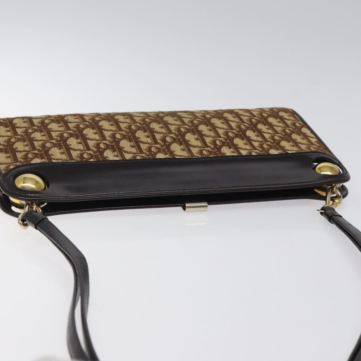 Christian Dior Trotter Canvas Shoulder Bag Brown Gold Auth 118076