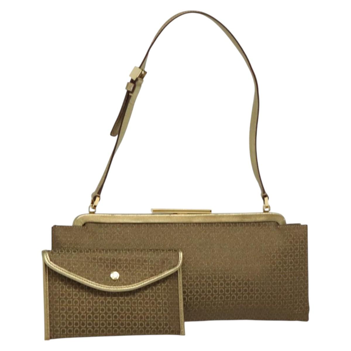 Salvatore Ferragamo Shoulder Bag Canvas Beige Gold Auth 118078A