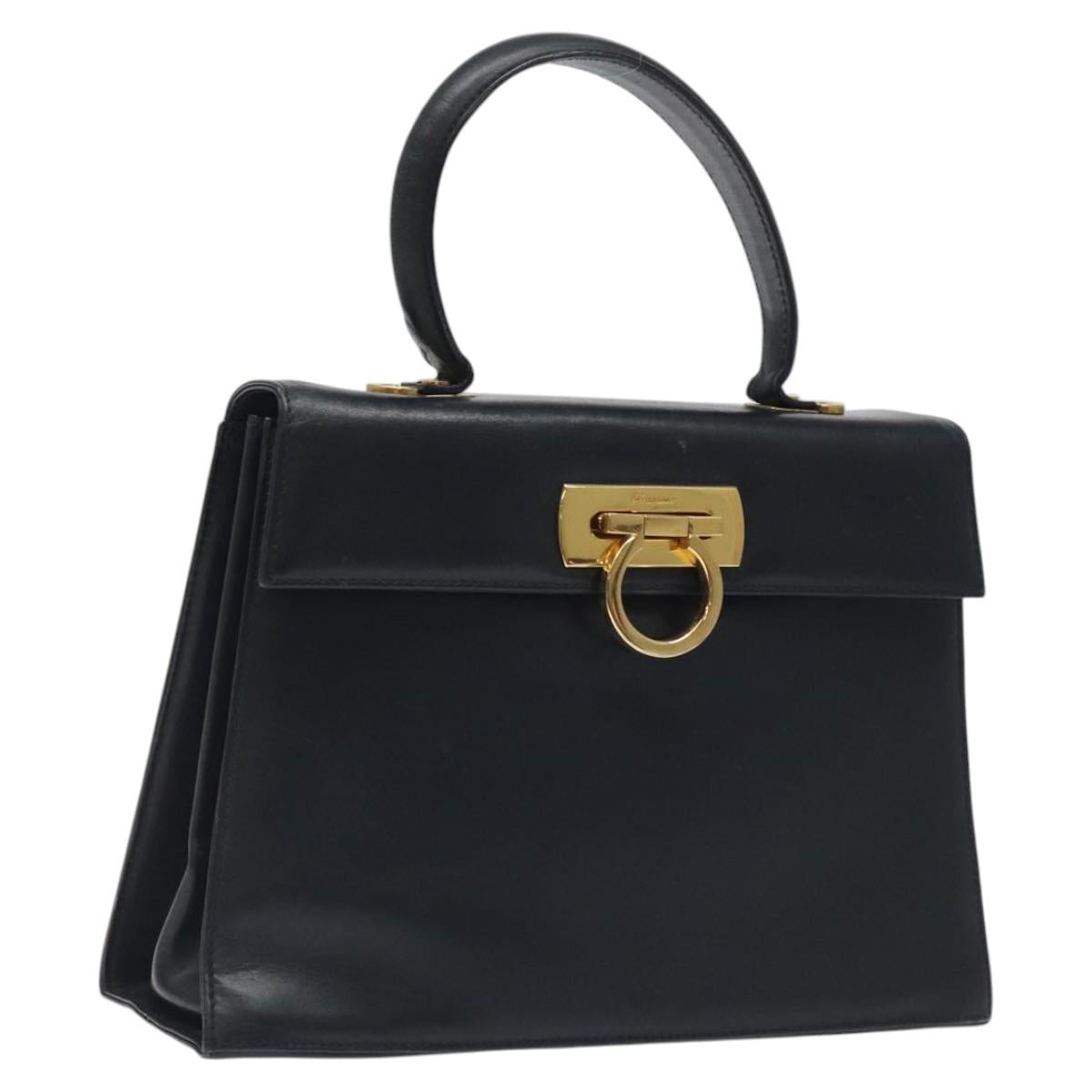 Salvatore Ferragamo Gancini Hand Bag Leather Navy Gold Auth 118152