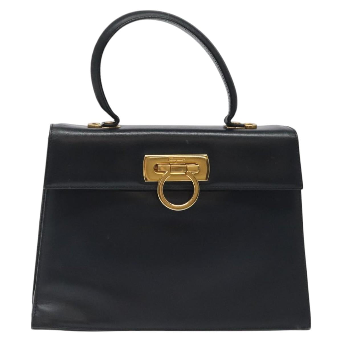 Salvatore Ferragamo Gancini Hand Bag Leather Navy Gold Auth 118152