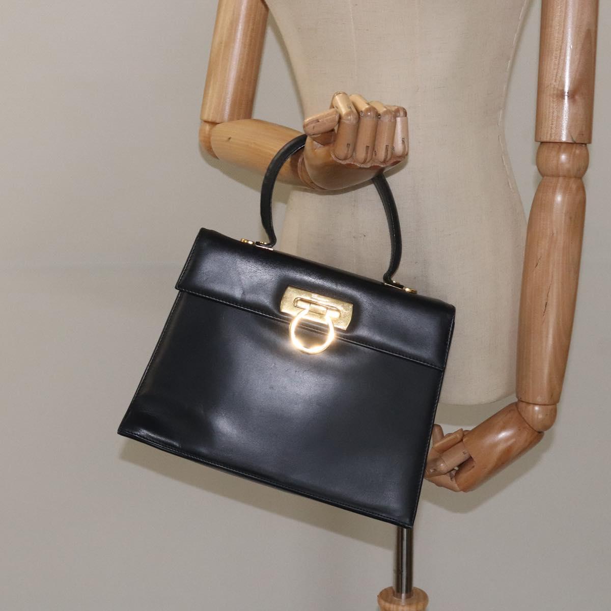 Salvatore Ferragamo Gancini Hand Bag Leather Navy Gold Auth 118152