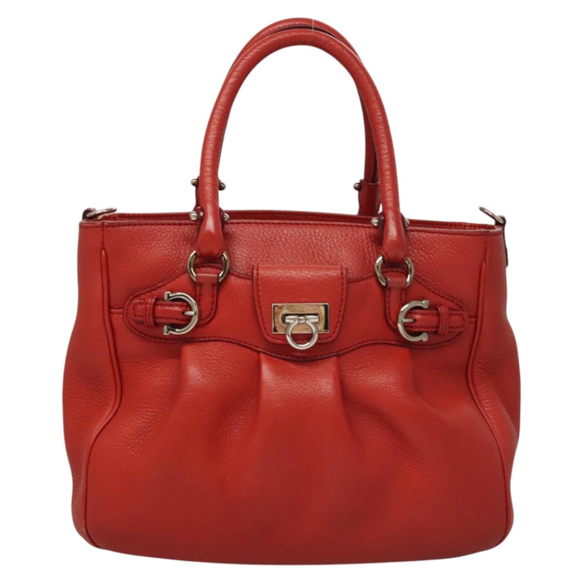 Salvatore Ferragamo Gancini Hand Bag Leather 2way Red Silver Auth 118153