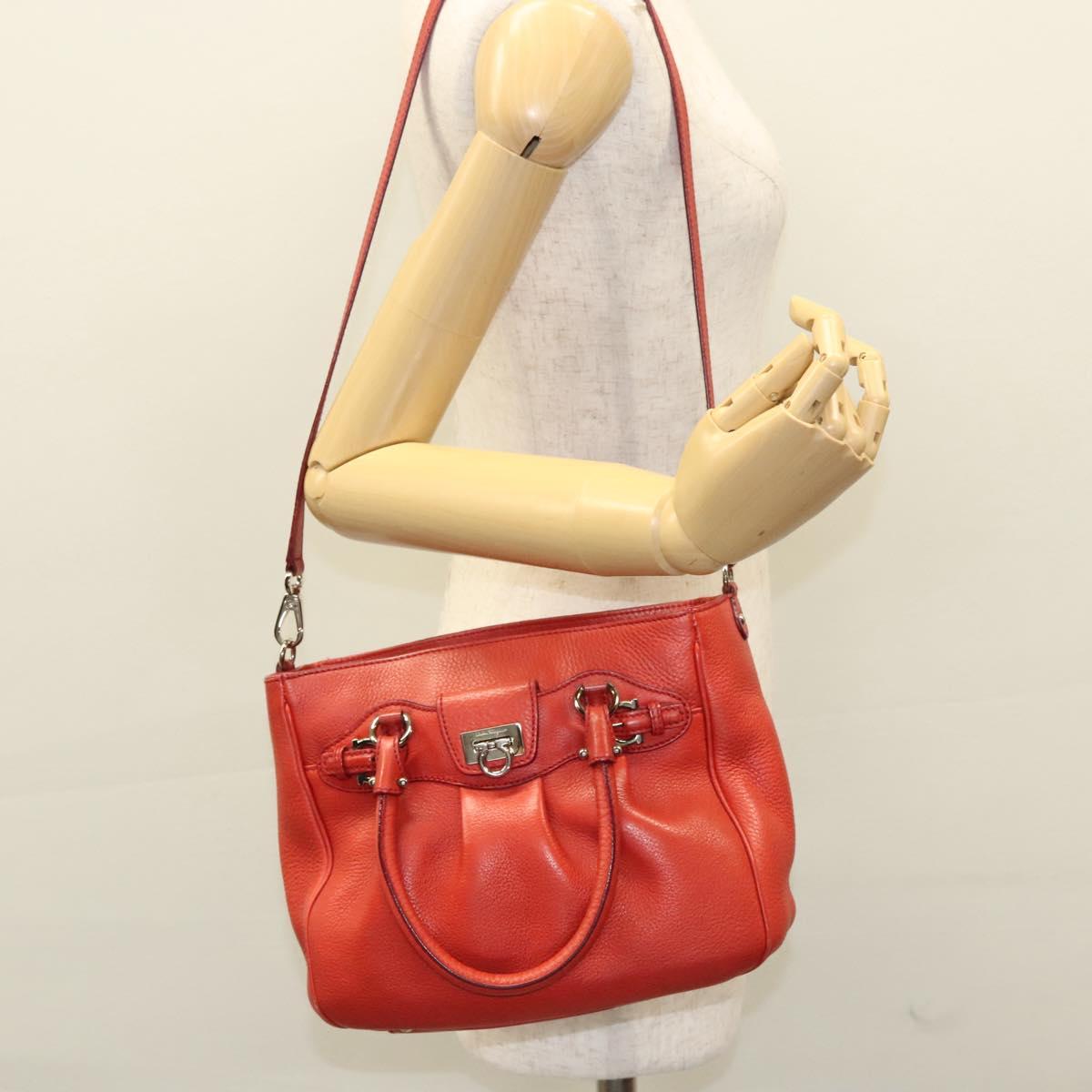 Salvatore Ferragamo Gancini Hand Bag Leather 2way Red Silver Auth 118153