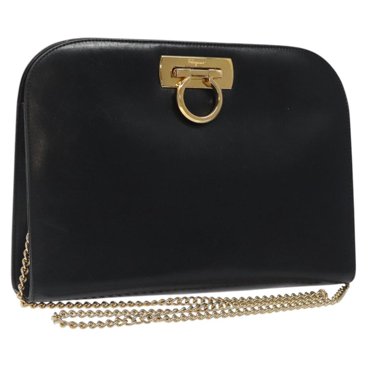 Salvatore Ferragamo Gancini Chain Shoulder Bag Leather Black Gold Auth 118161