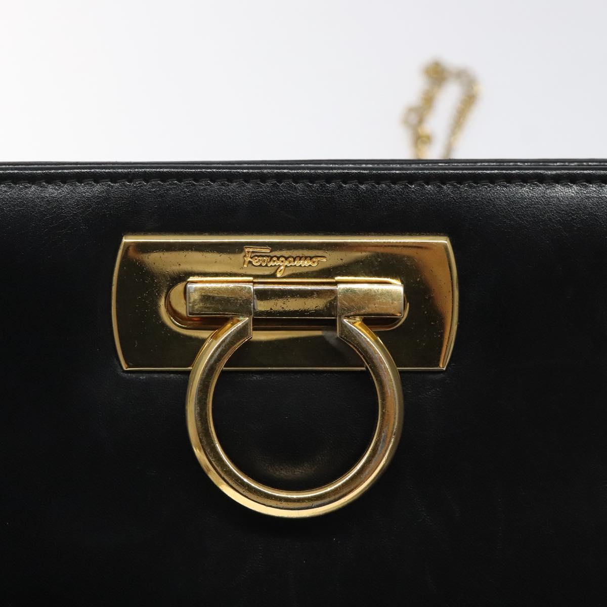 Salvatore Ferragamo Gancini Chain Shoulder Bag Leather Black Gold Auth 118161