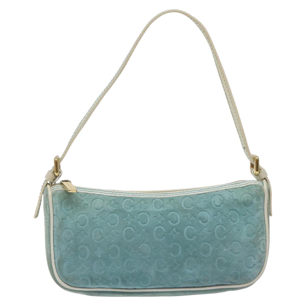 CELINE C Macadam Canvas Accessory Pouch Suede Light Blue Gold Auth 118180