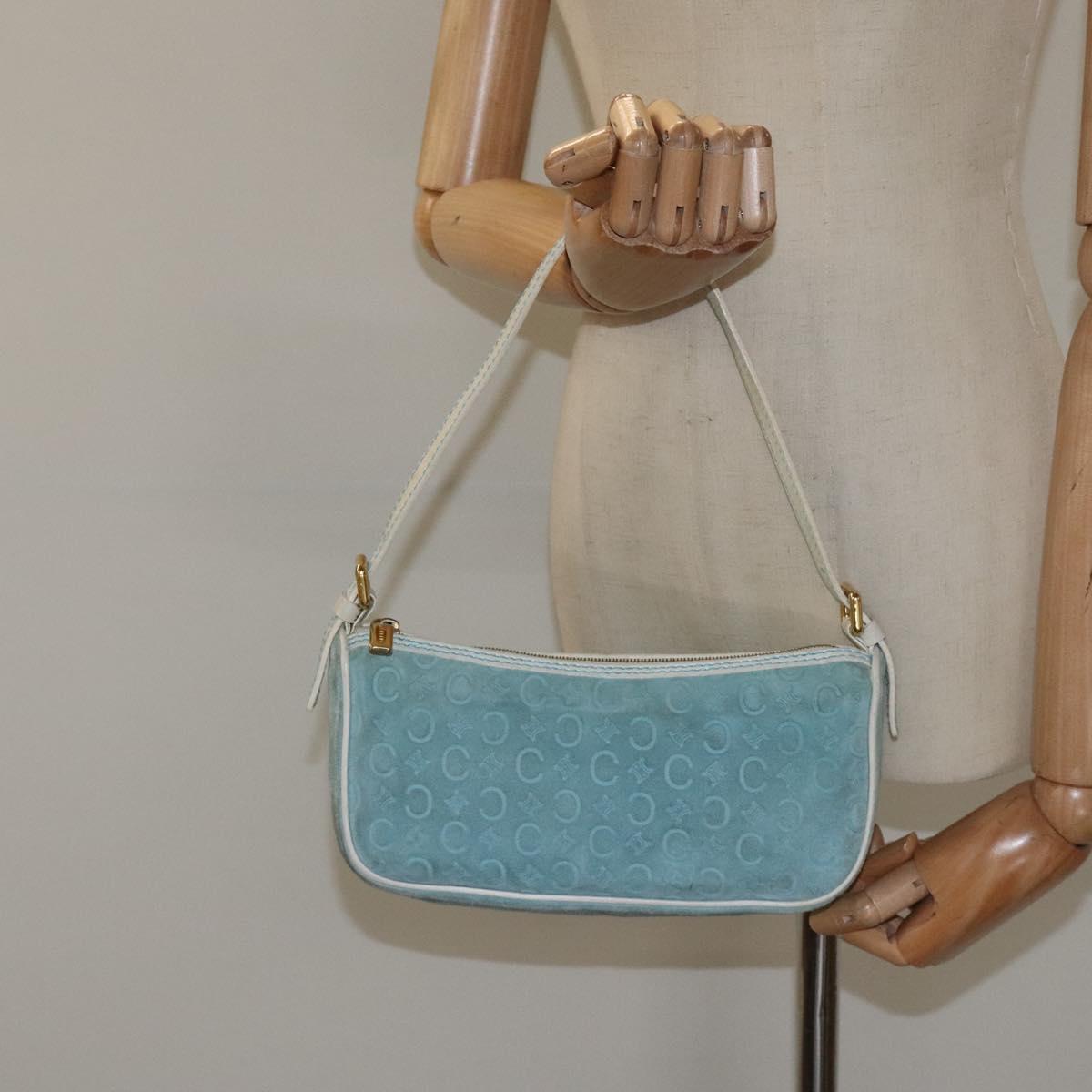 CELINE C Macadam Canvas Accessory Pouch Suede Light Blue Gold Auth 118180