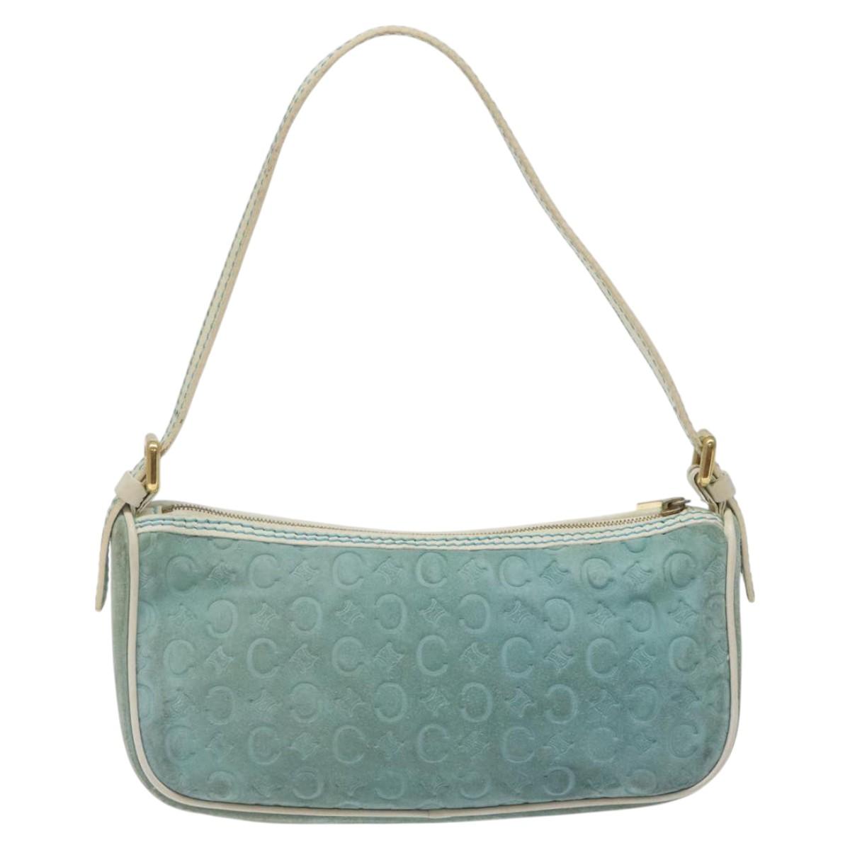 CELINE C Macadam Canvas Accessory Pouch Suede Light Blue Gold Auth 118180