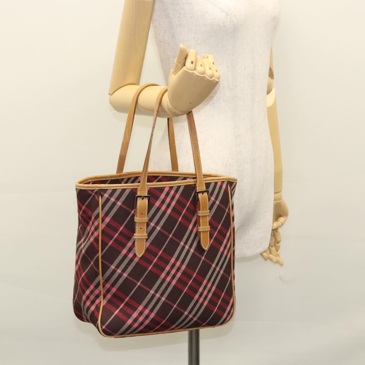 BURBERRY Nova Check Blue Label Tote Bag Canvas Pink Silver Auth 118227