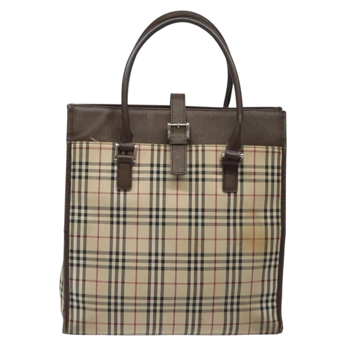 BURBERRY Nova Check Tote Bag Canvas Beige Silver Auth 118228