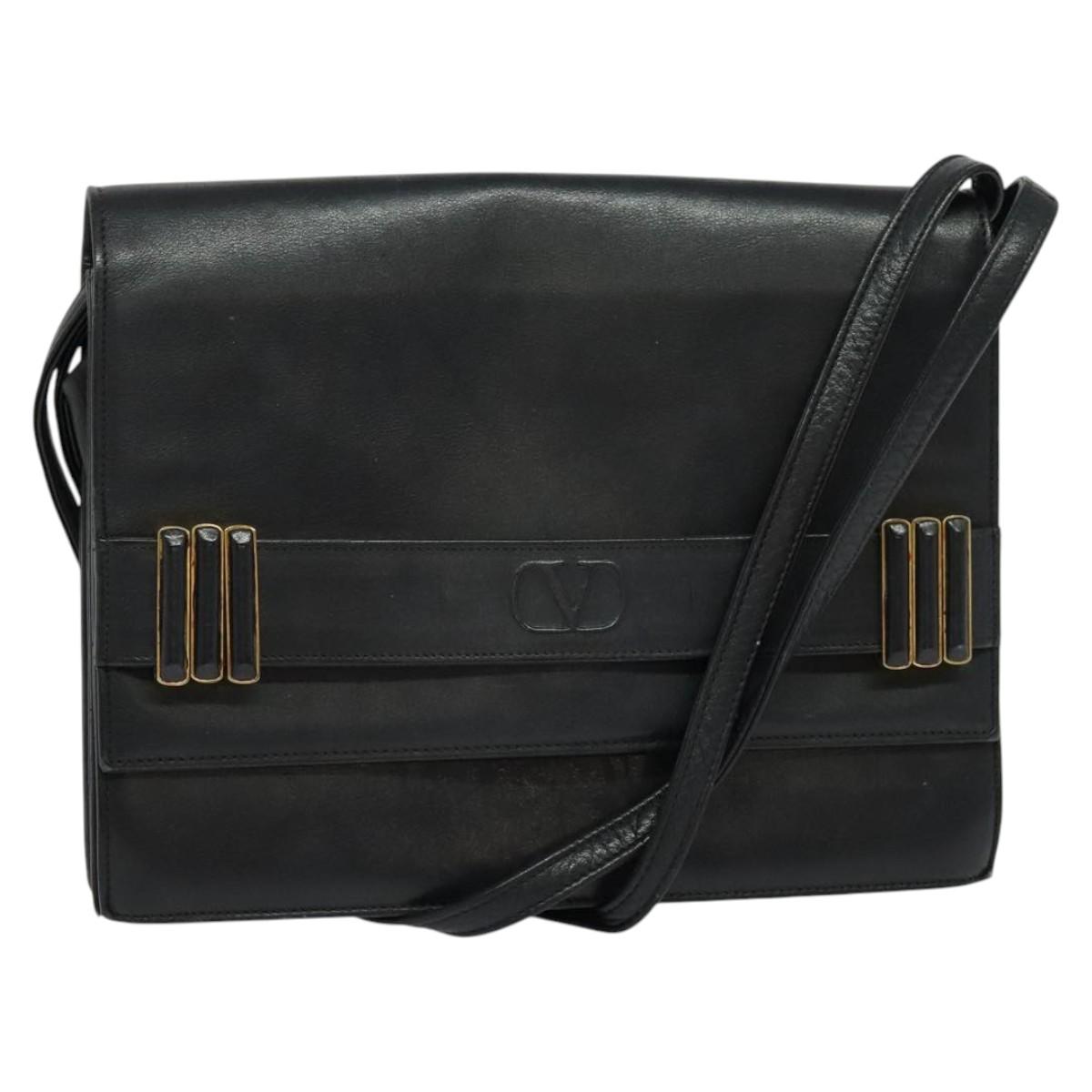 VALENTINO Shoulder Bag Leather Navy Gold Auth 118235