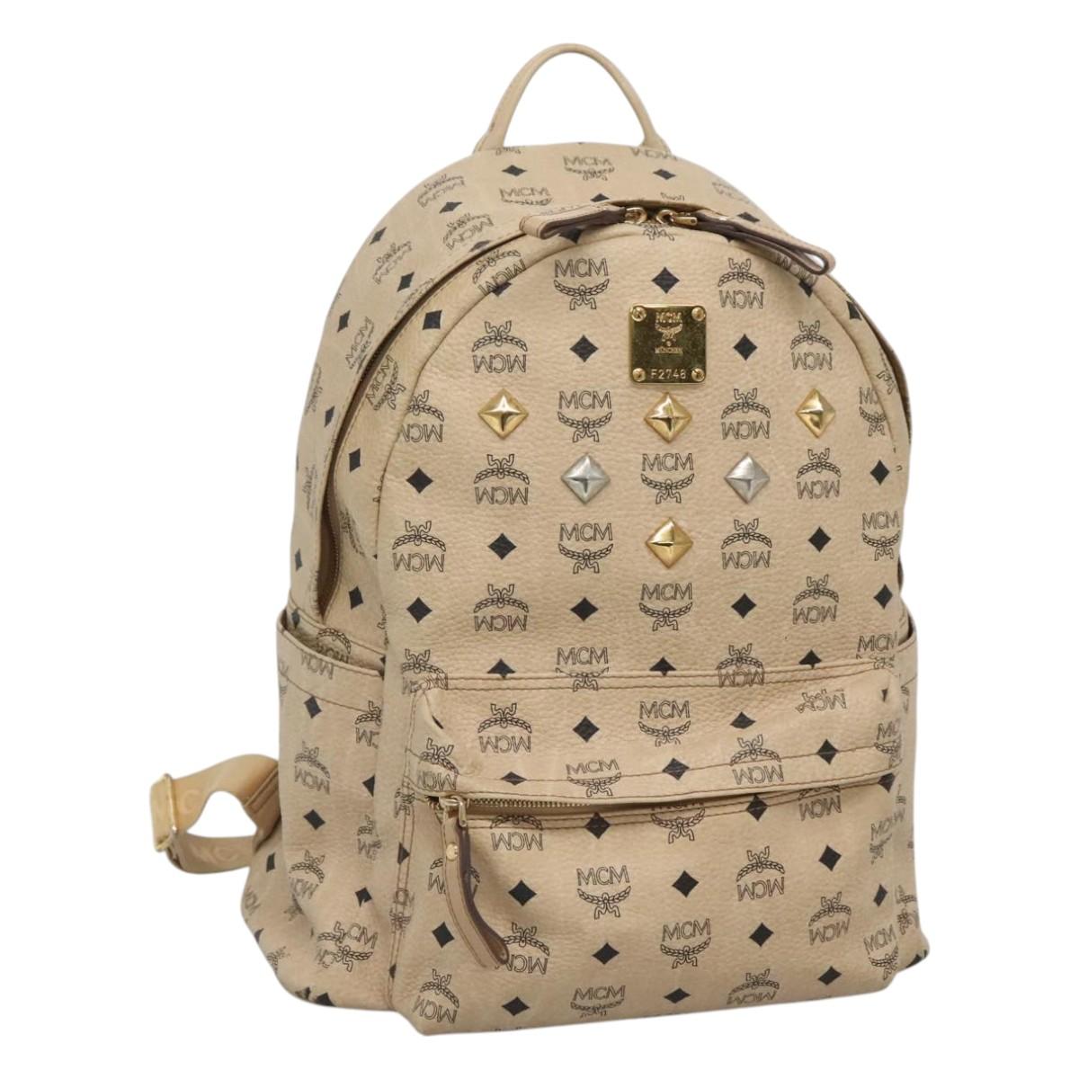MCM Logogram Vicetos Backpack PVC Leather Beige Gold Auth 118249