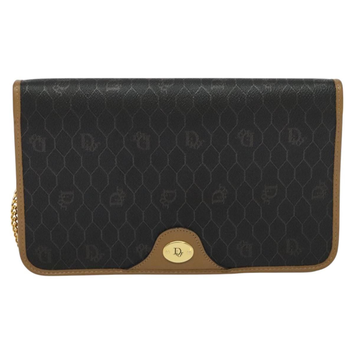 Christian Dior Honeycomb Canvas Chain Bag PVC Leather Black Gold Auth 118277