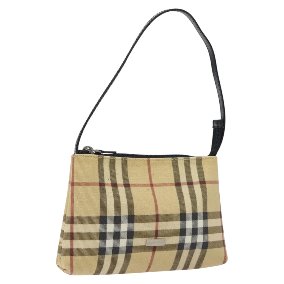 BURBERRY Nova Check Accessory Pouch PVC Beige Silver Auth 118331