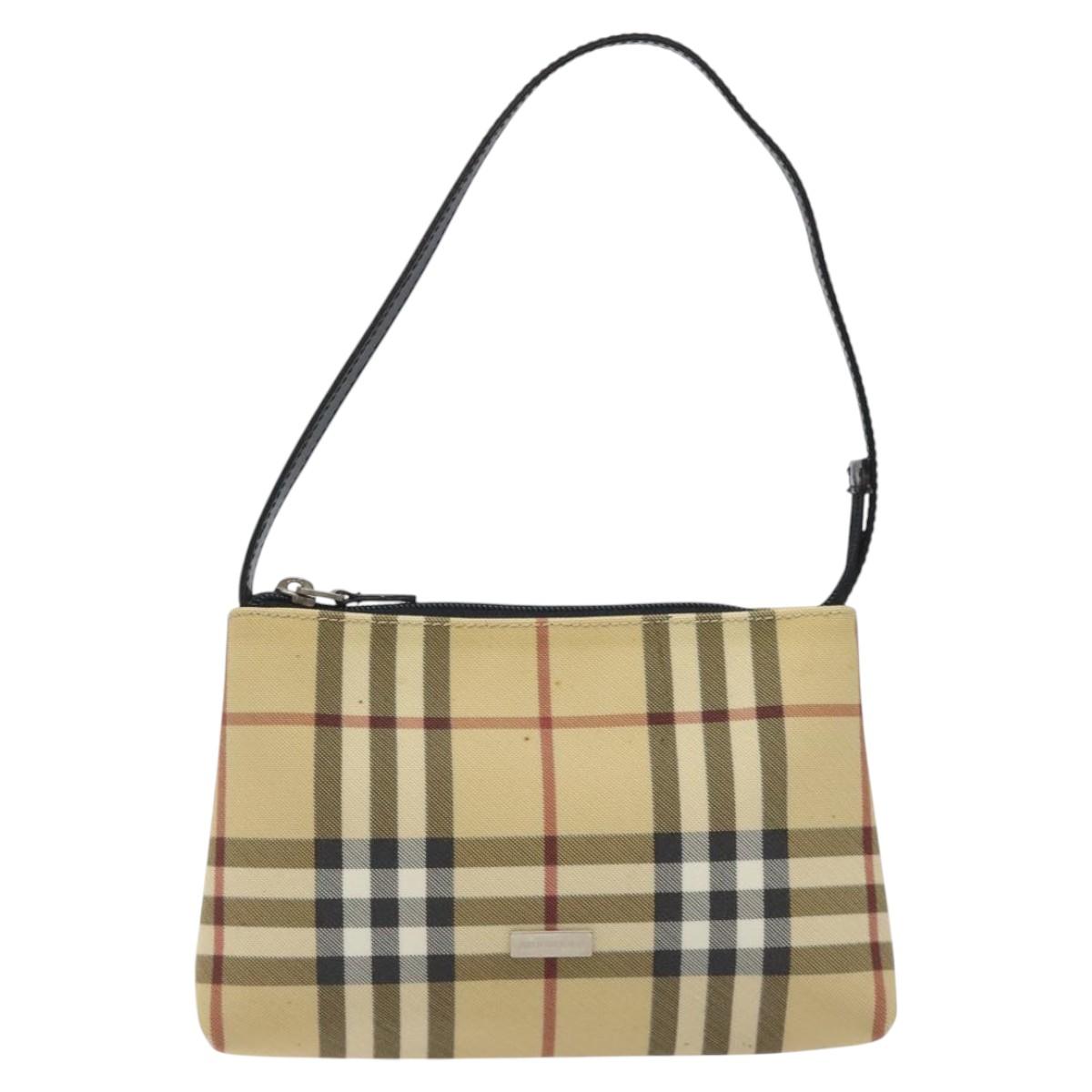 BURBERRY Nova Check Accessory Pouch PVC Beige Silver Auth 118331