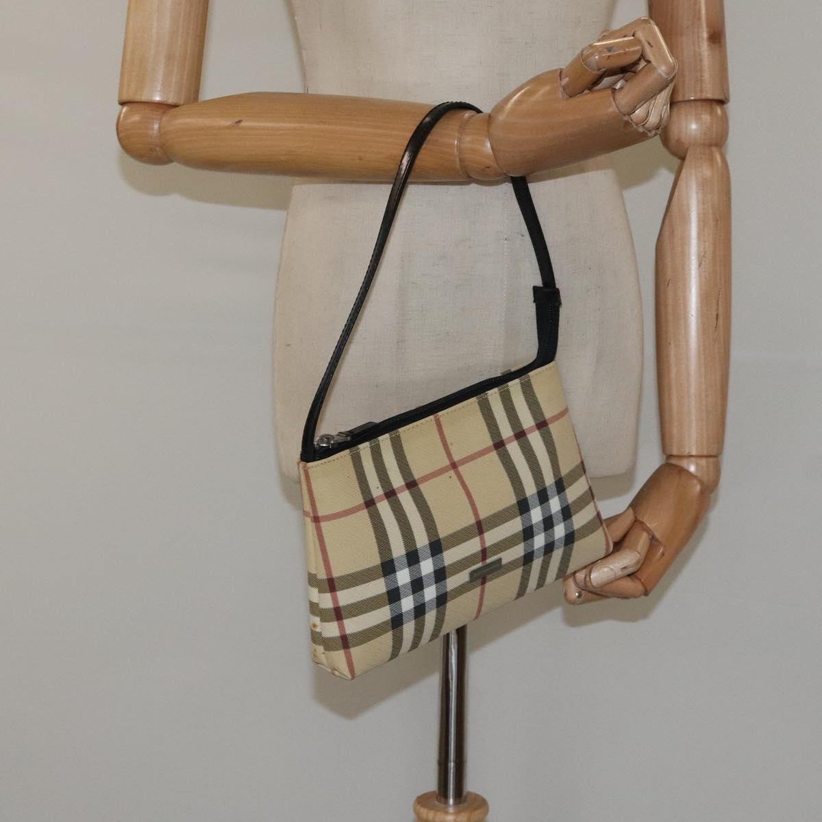 BURBERRY Nova Check Accessory Pouch PVC Beige Silver Auth 118331