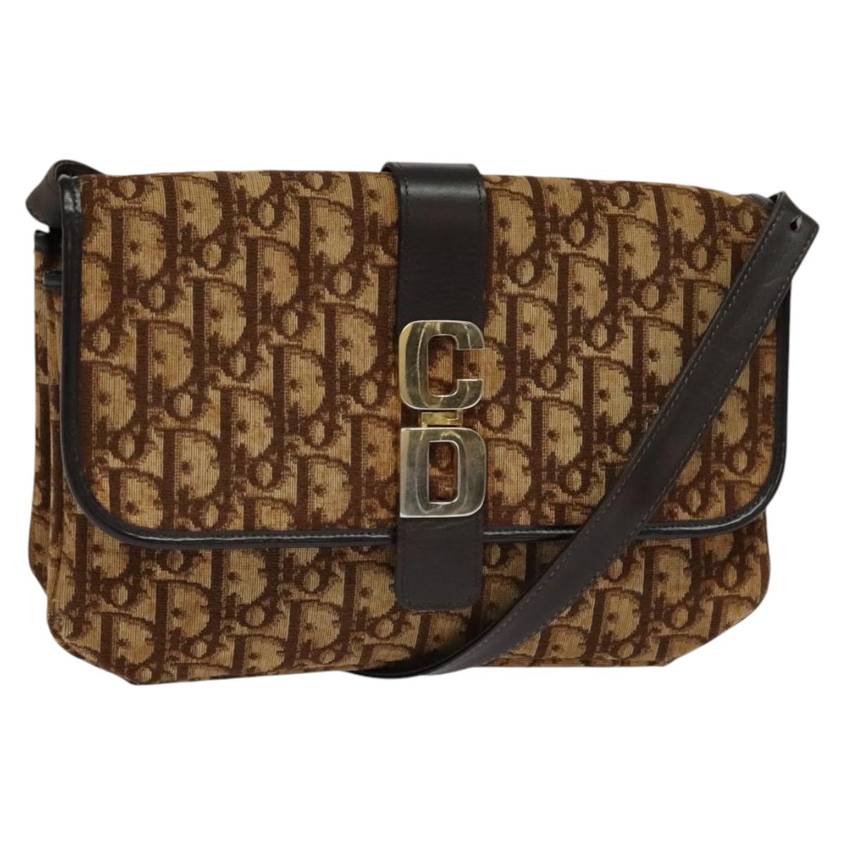 Christian Dior Trotter Canvas Shoulder Bag Brown Gold Auth 118343