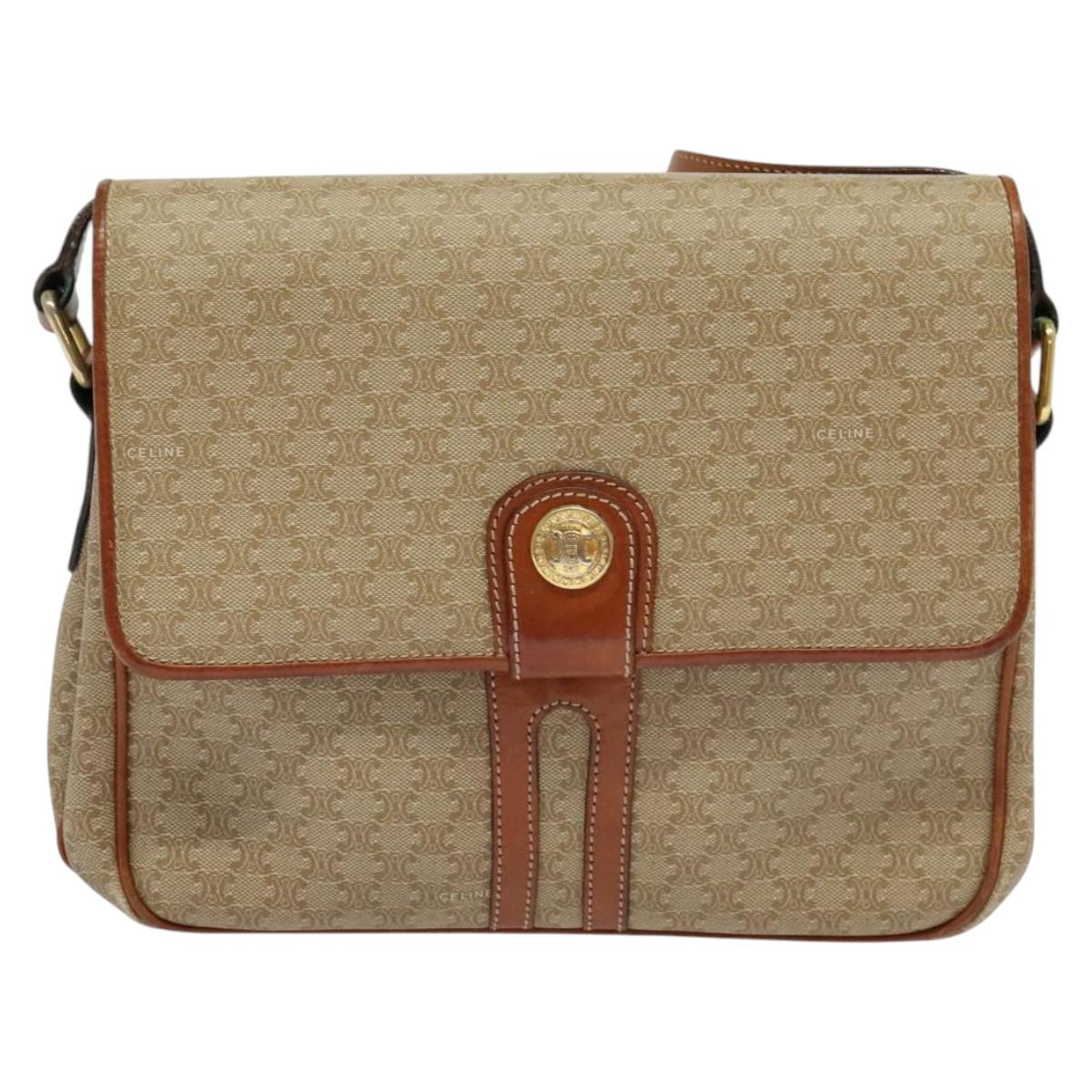 CELINE Macadam Canvas Shoulder Bag PVC Beige Gold Auth 118350