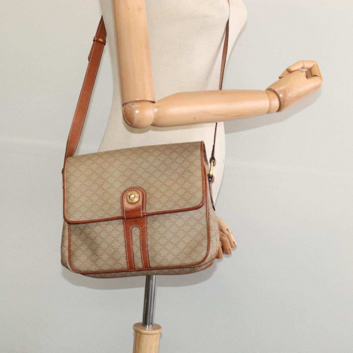 CELINE Macadam Canvas Shoulder Bag PVC Beige Gold Auth 118350