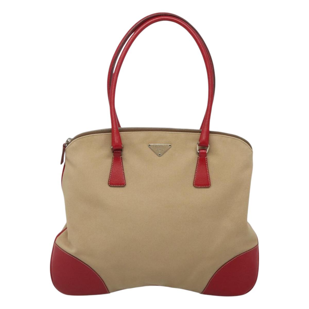 PRADA Hand Bag Canvas Beige Silver Auth 118360