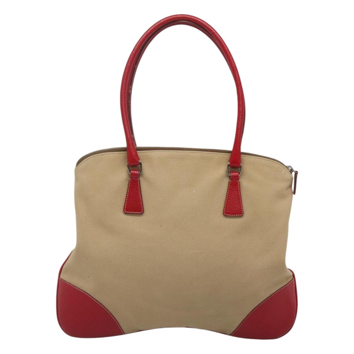 PRADA Hand Bag Canvas Beige Silver Auth 118360