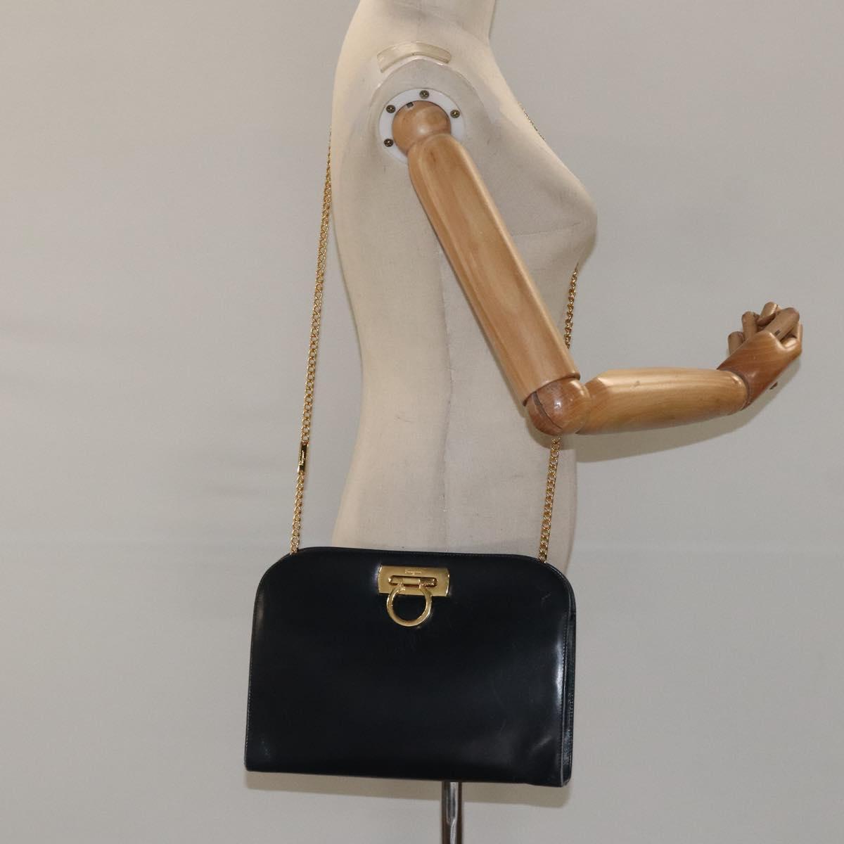 Salvatore Ferragamo Gancini Chain Shoulder Bag Leather Navy Gold Auth 118367