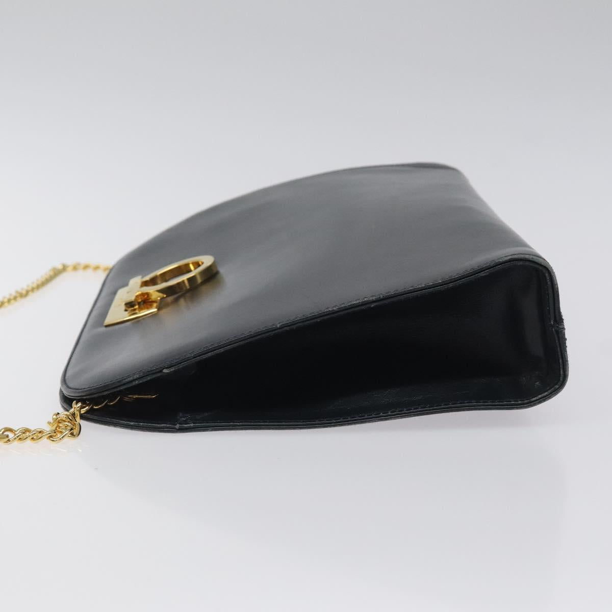 Salvatore Ferragamo Gancini Chain Shoulder Bag Leather Navy Gold Auth 118367