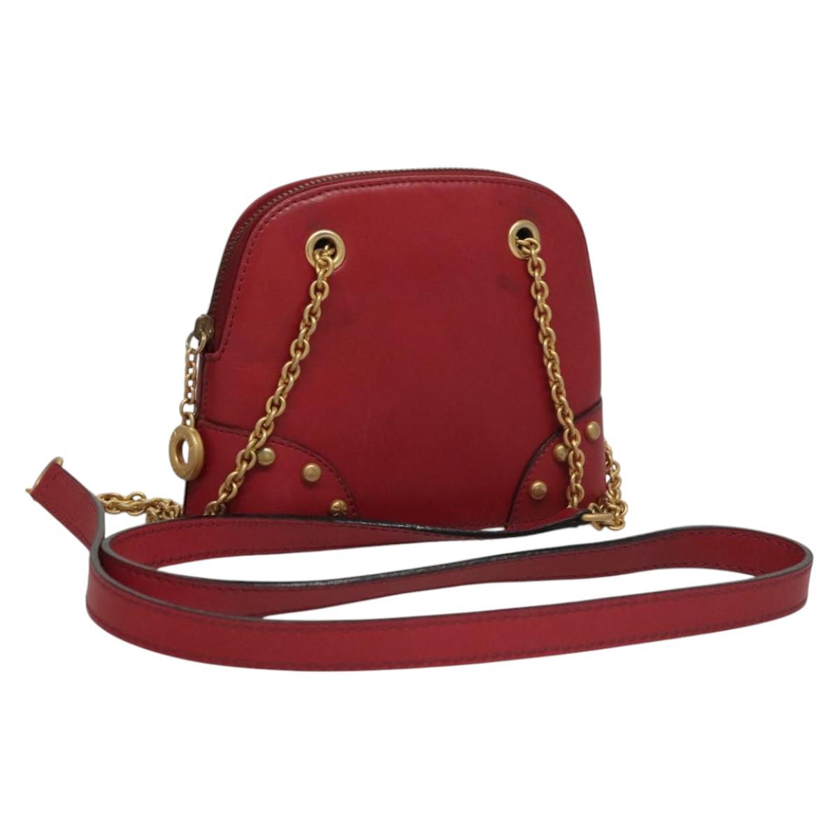 CELINE Chain Shoulder Bag Leather Red Gold Auth 118372