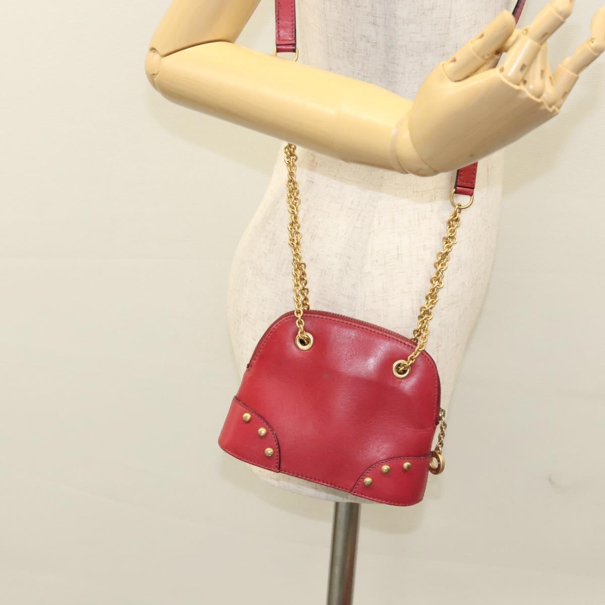CELINE Chain Shoulder Bag Leather Red Gold Auth 118372