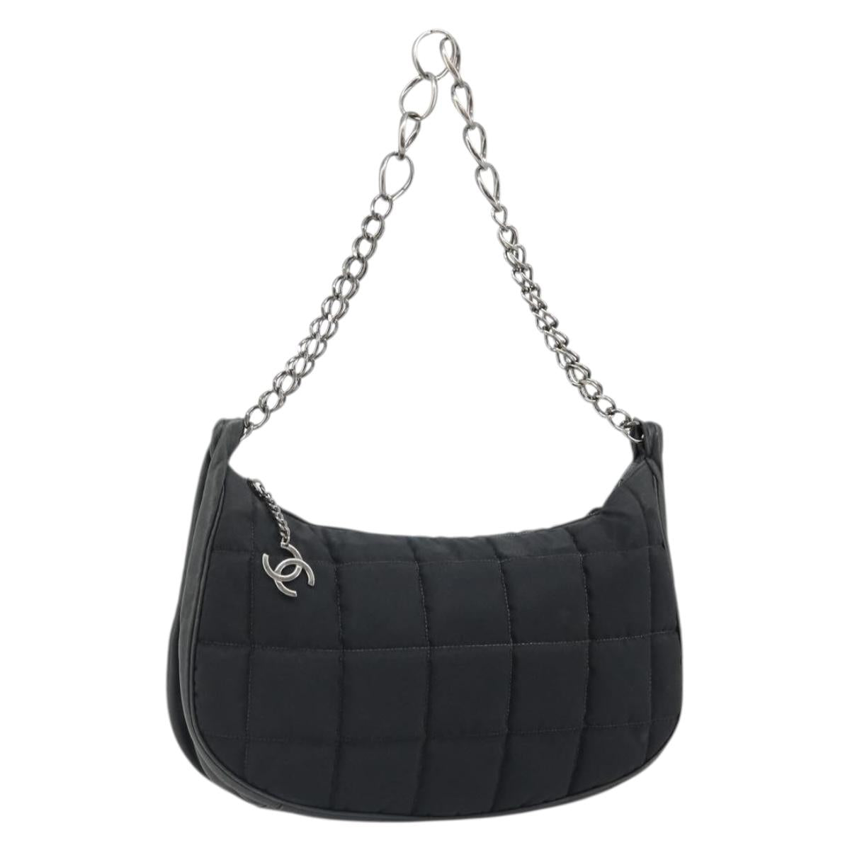 CHANEL Choco Bar Chain Shoulder Bag Nylon Black Silver CC Auth 118385