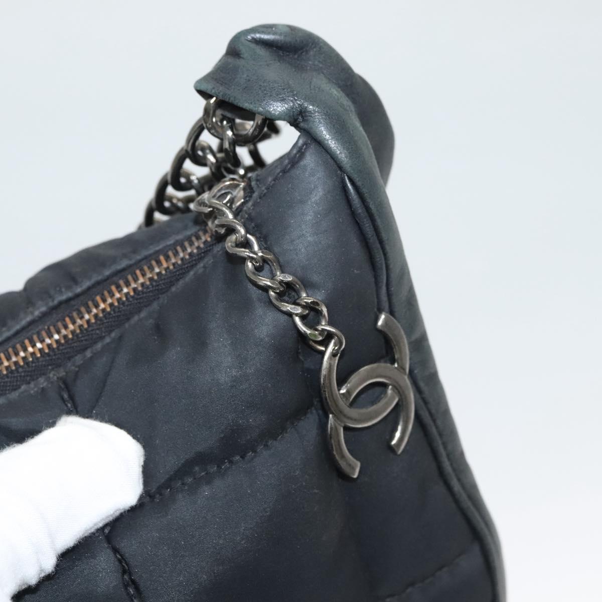 CHANEL Choco Bar Chain Shoulder Bag Nylon Black Silver CC Auth 118385