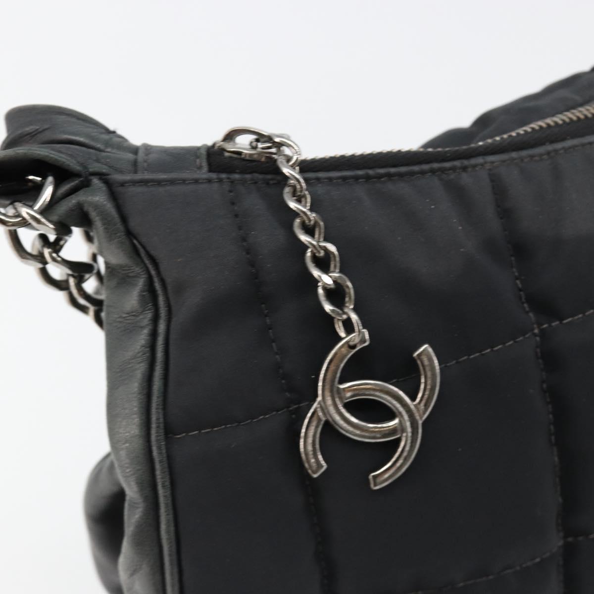 CHANEL Choco Bar Chain Shoulder Bag Nylon Black Silver CC Auth 118385