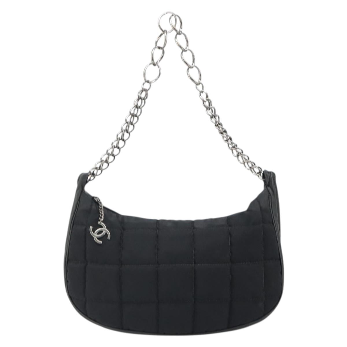 CHANEL Choco Bar Chain Shoulder Bag Nylon Black Silver CC Auth 118385