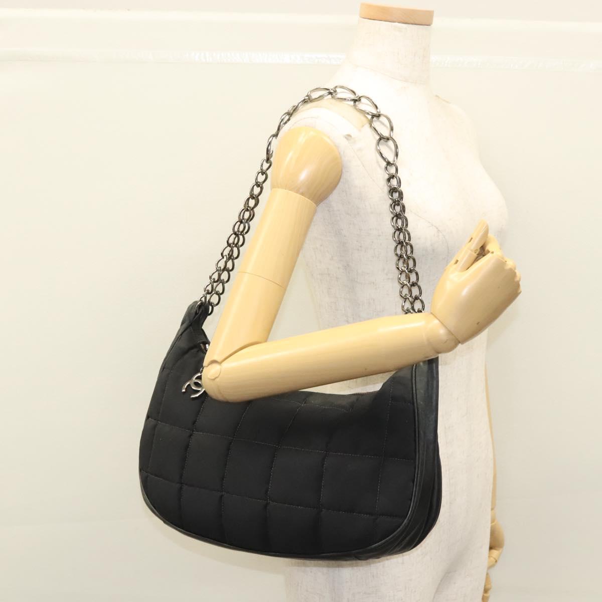 CHANEL Choco Bar Chain Shoulder Bag Nylon Black Silver CC Auth 118385