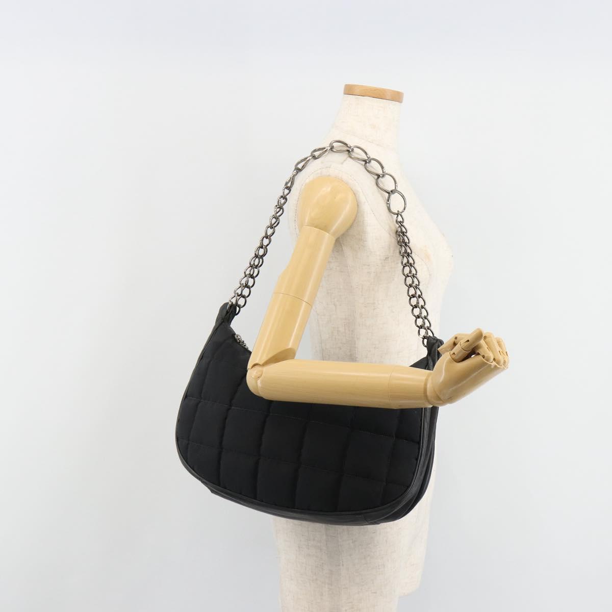 CHANEL Choco Bar Chain Shoulder Bag Nylon Black Silver CC Auth 118385