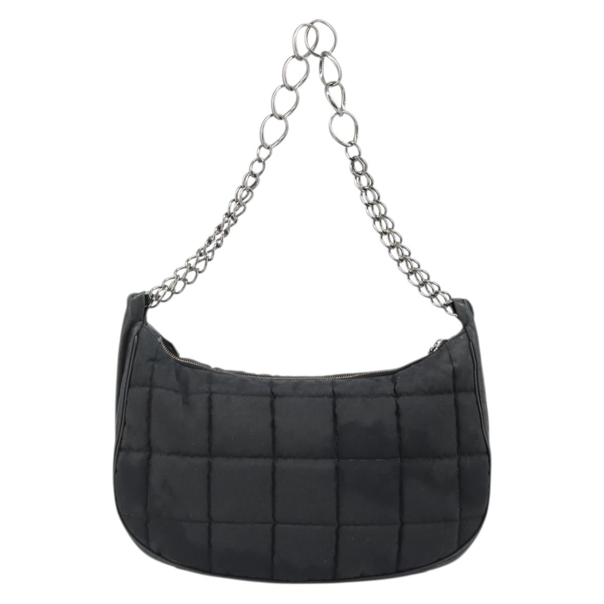 CHANEL Choco Bar Chain Shoulder Bag Nylon Black Silver CC Auth 118385