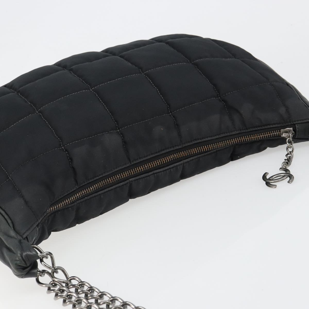 CHANEL Choco Bar Chain Shoulder Bag Nylon Black Silver CC Auth 118385