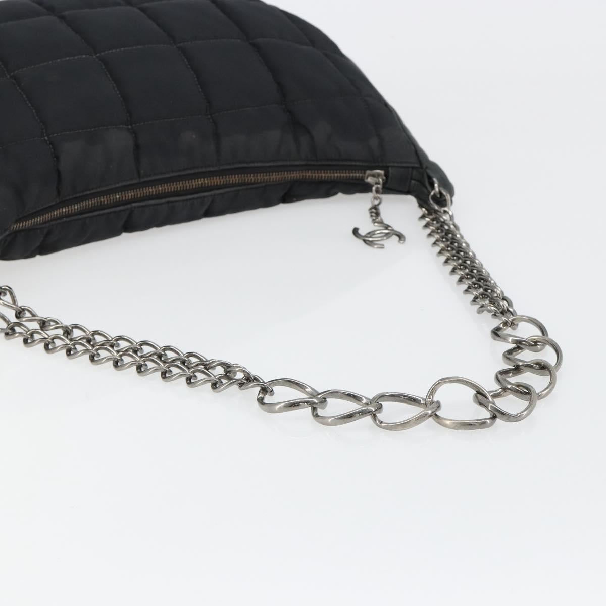 CHANEL Choco Bar Chain Shoulder Bag Nylon Black Silver CC Auth 118385