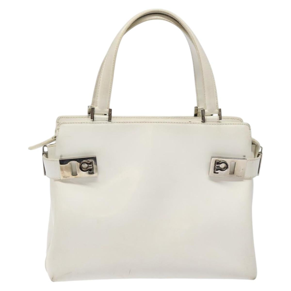 Salvatore Ferragamo Gancini Hand Bag Leather White Silver Auth 118441