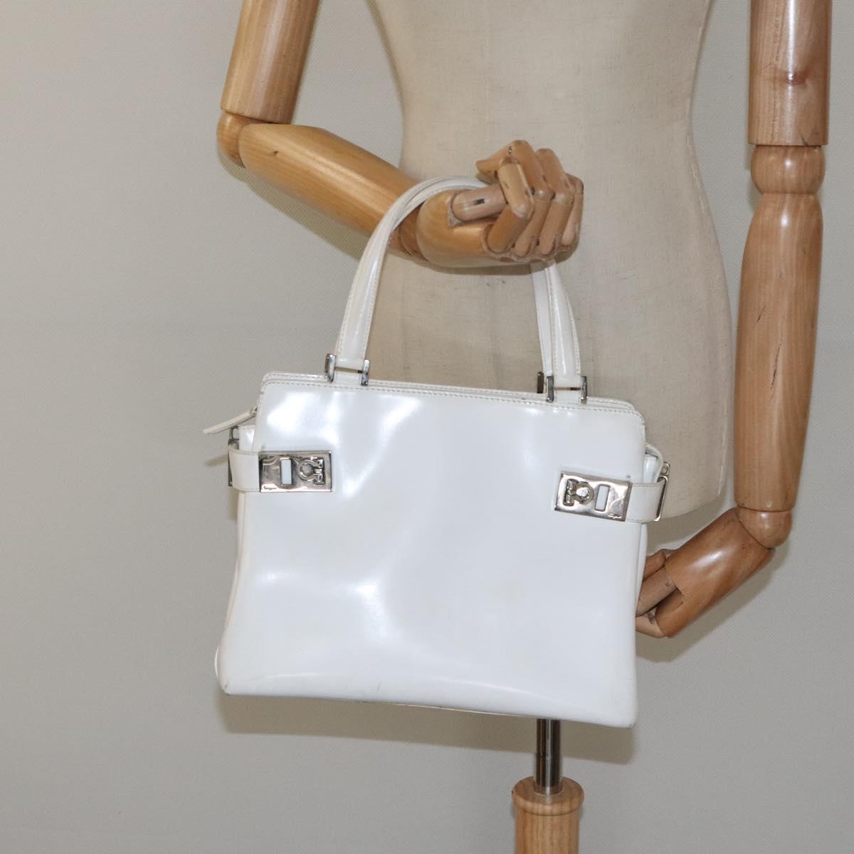 Salvatore Ferragamo Gancini Hand Bag Leather White Silver Auth 118441