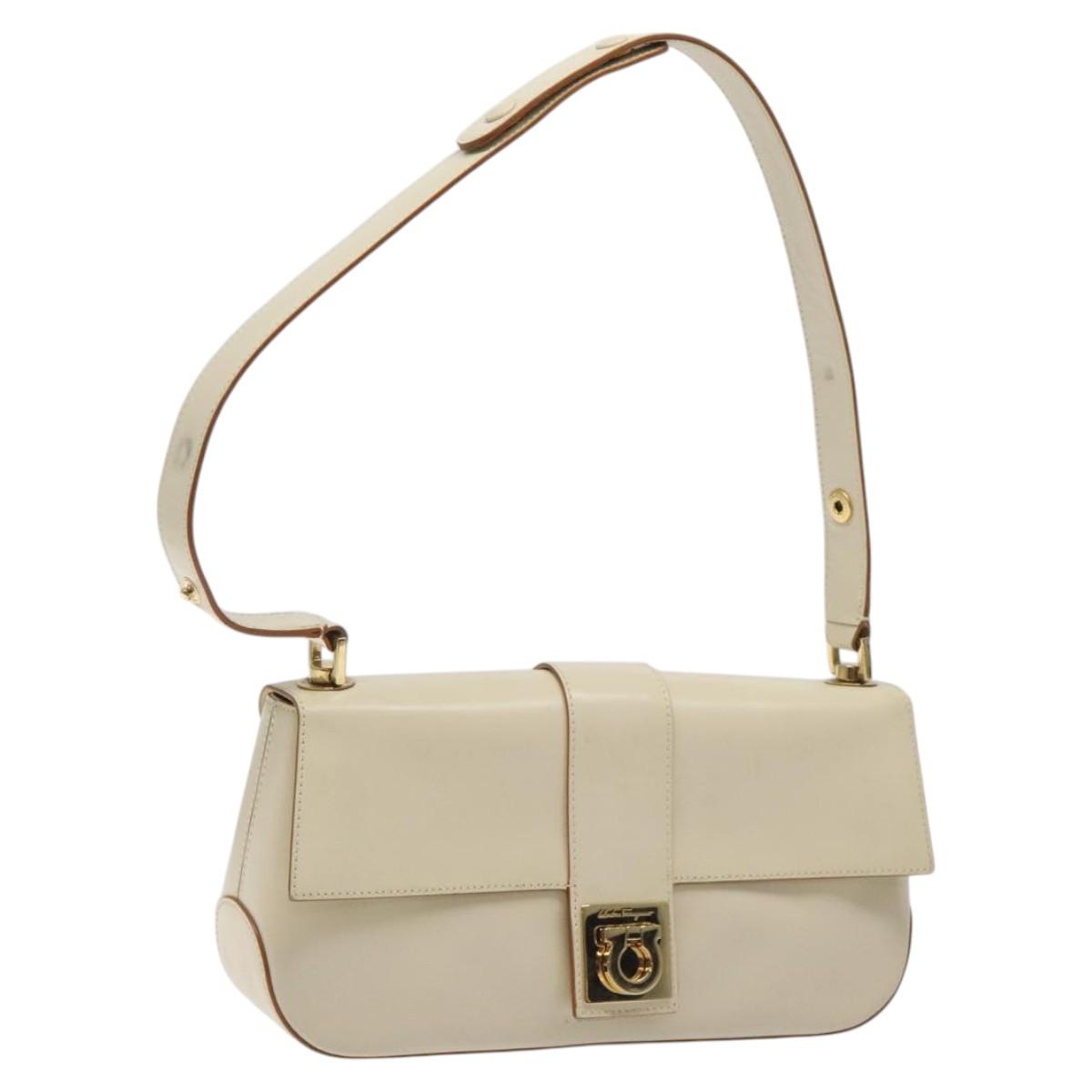 Salvatore Ferragamo Gancini Hand Bag Leather Beige Gold Auth 118442