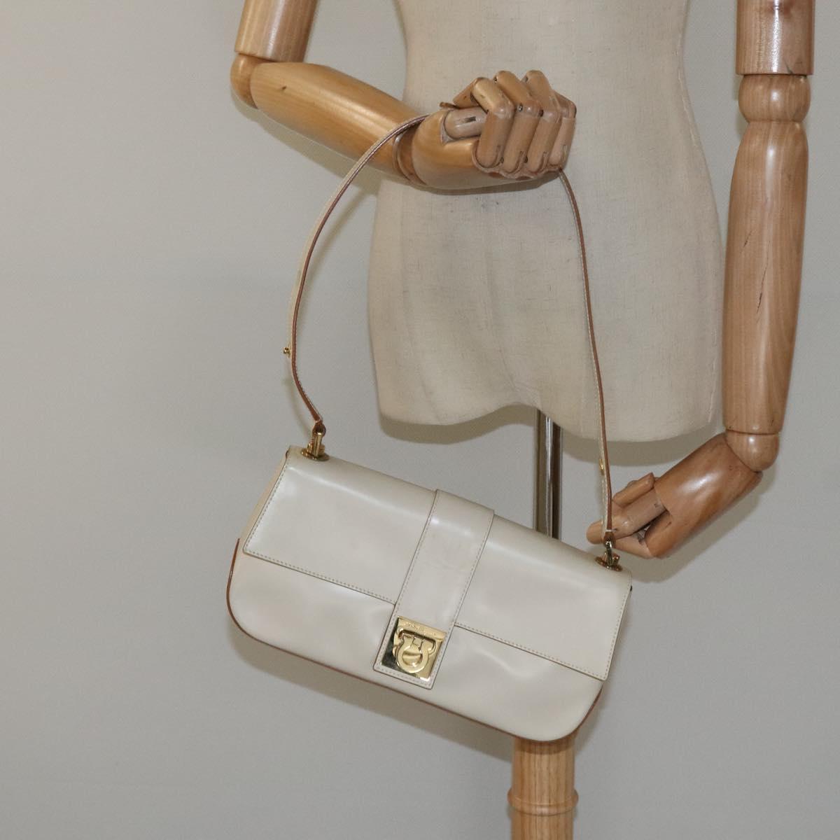Salvatore Ferragamo Gancini Hand Bag Leather Beige Gold Auth 118442