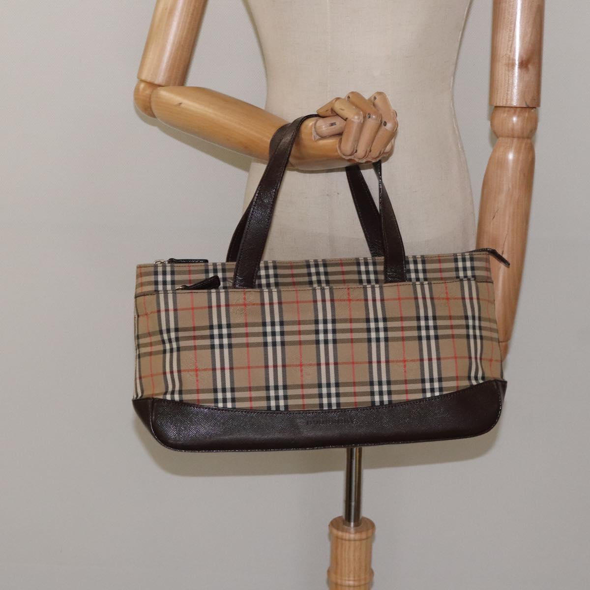 BURBERRY Nova Check Hand Bag Canvas Beige Gold Auth 118521