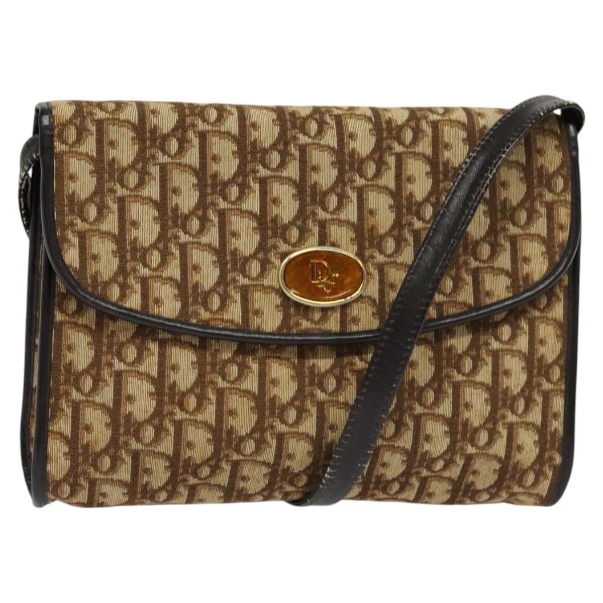 Christian Dior Trotter Canvas Shoulder Bag Brown Gold Auth 118537