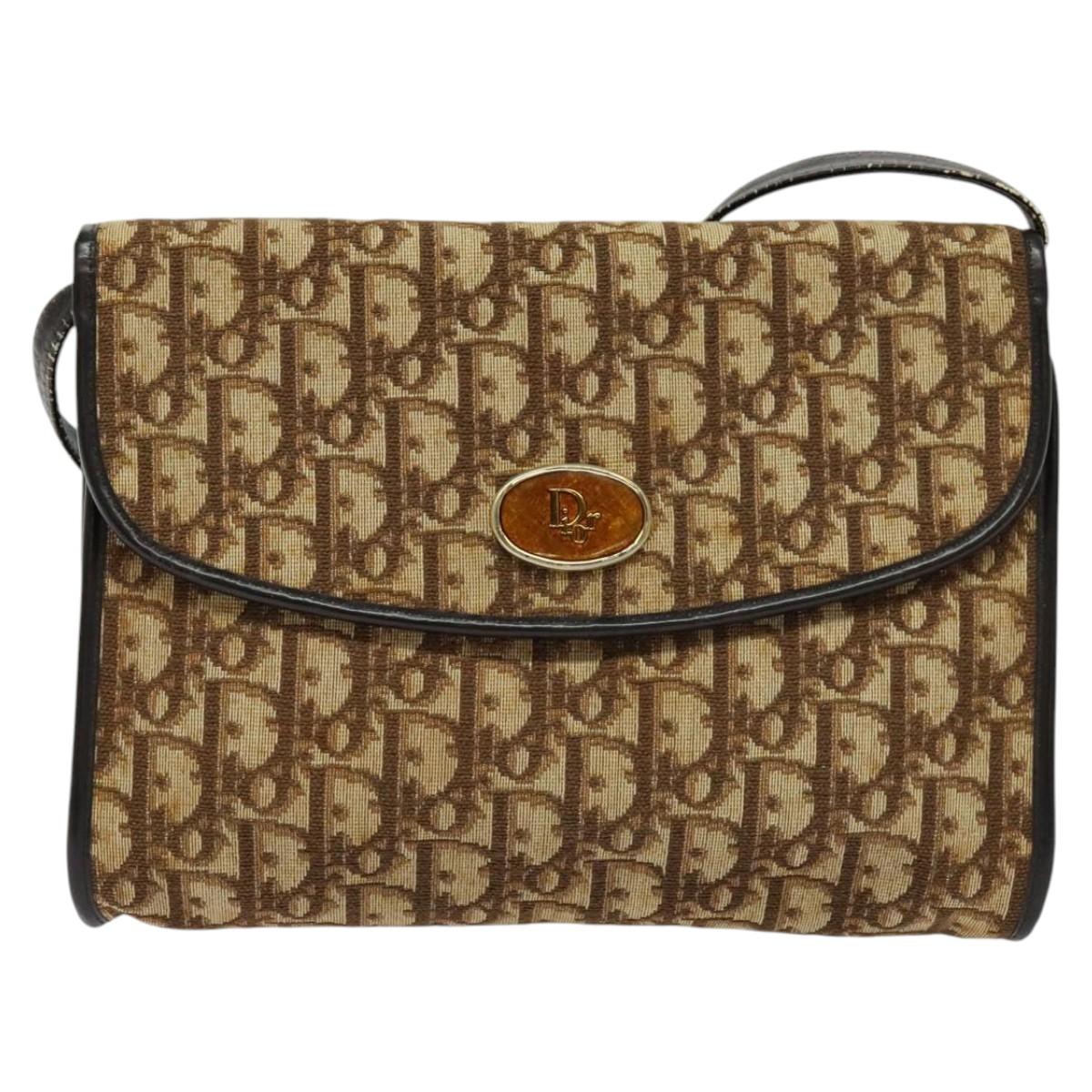 Christian Dior Trotter Canvas Shoulder Bag Brown Gold Auth 118537