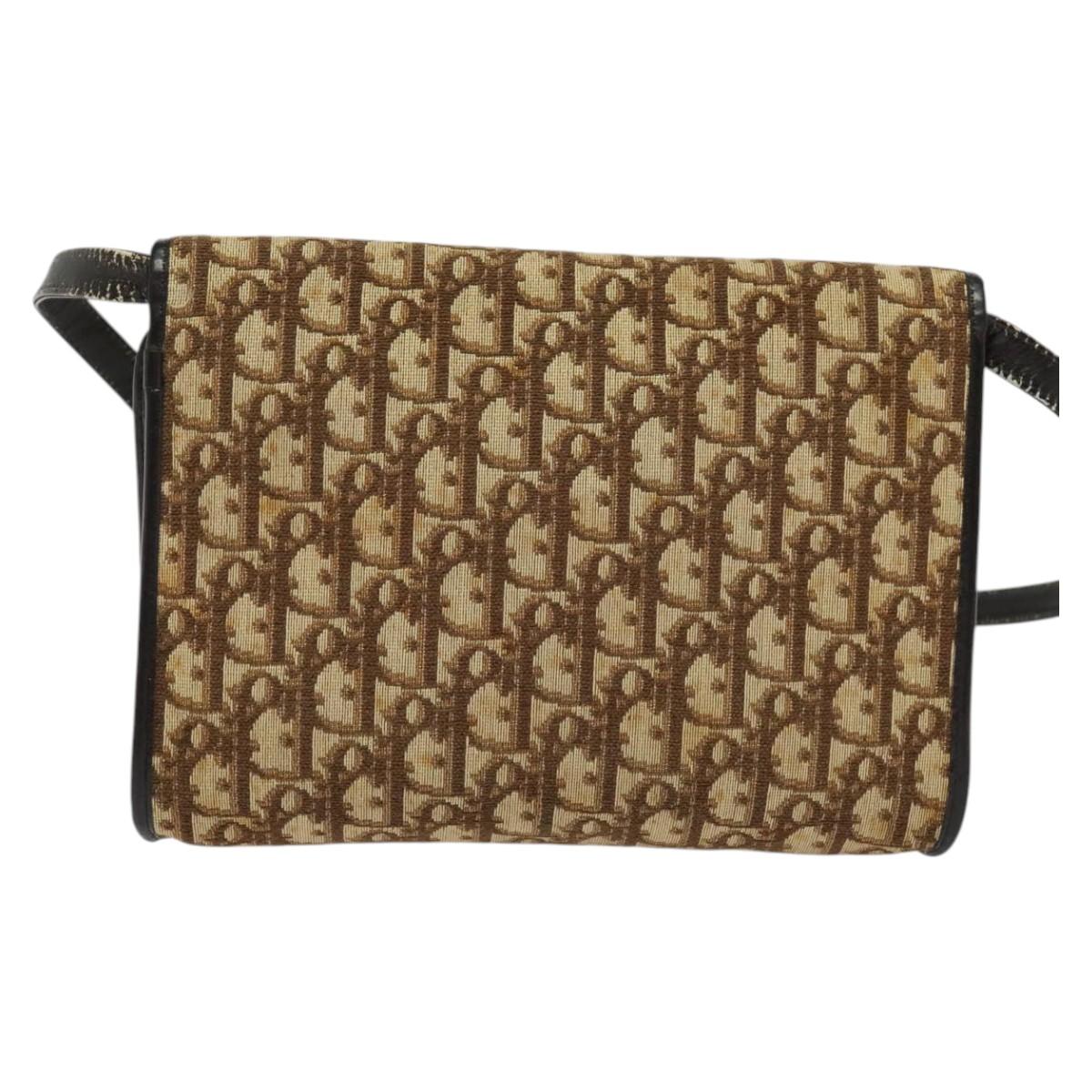 Christian Dior Trotter Canvas Shoulder Bag Brown Gold Auth 118537