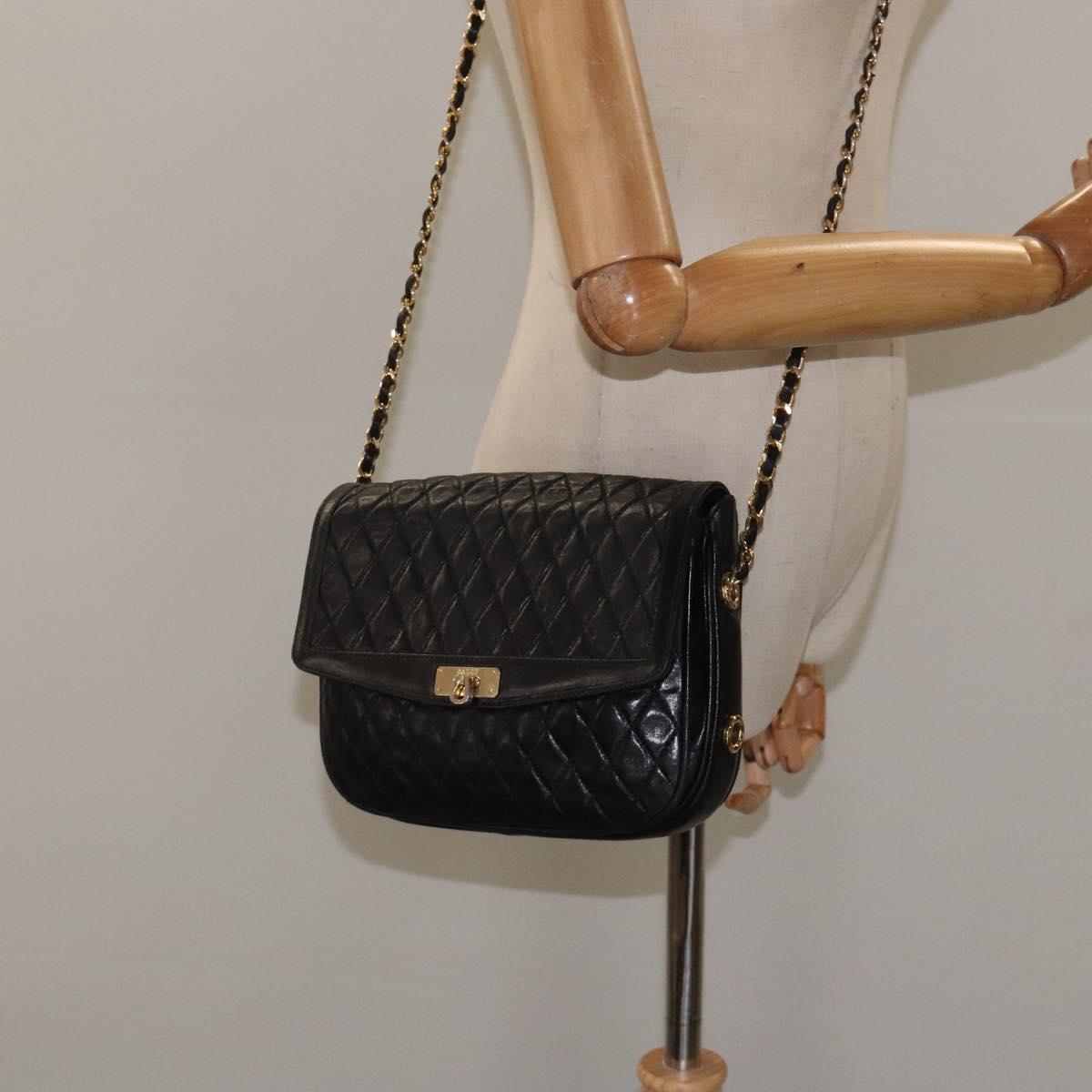 BALLY Chain Shoulder Bag Leather Black Gold Auth 118600