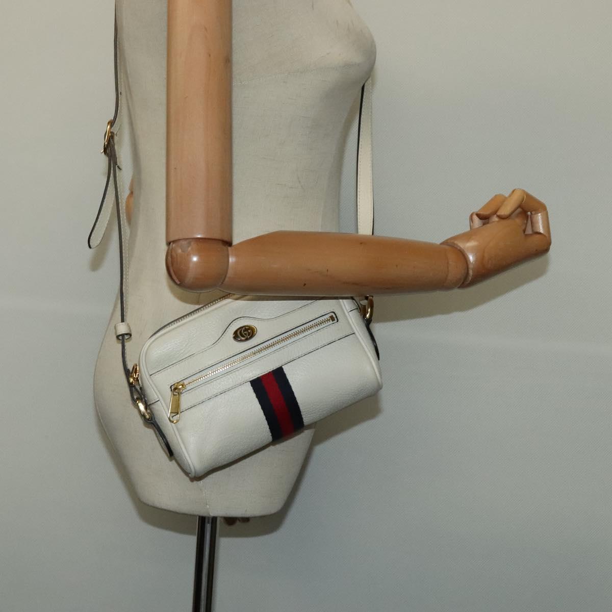 GUCCI Sherry Line Shoulder Bag Leather White Red Navy 517350 Auth 118604