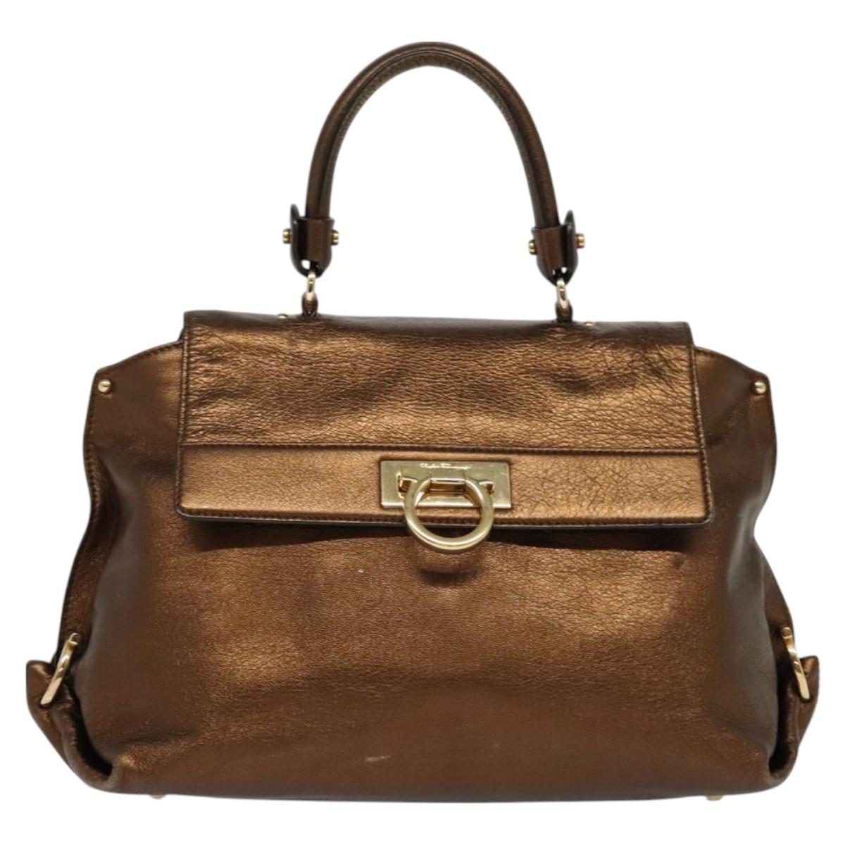 Salvatore Ferragamo Gancini Sofia Hand Bag Leather 2way Brown Gold Auth 118607