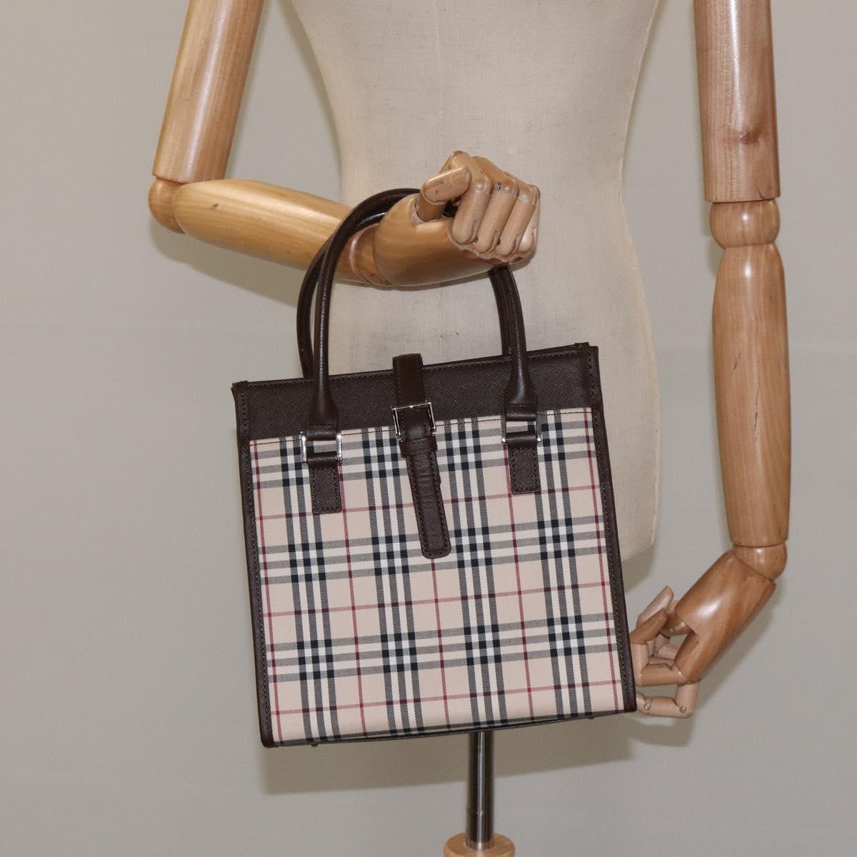 BURBERRY Nova Check Hand Bag Canvas Beige Silver Auth 118612